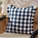 Barton Check Fringed Cushion Navy - KHEE
