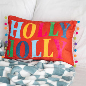 Red Holly Jolly Christmas Cushion with Pom Poms