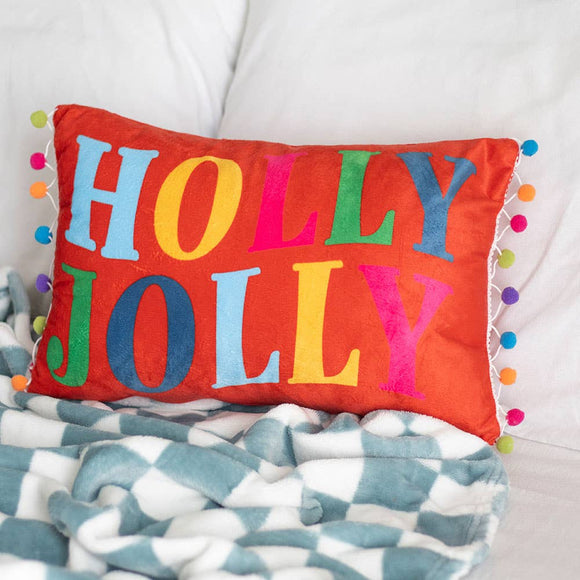 Red Holly Jolly Christmas Cushion with Pom Poms