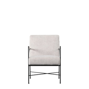 black metal framed armchair with soft grey upholstery