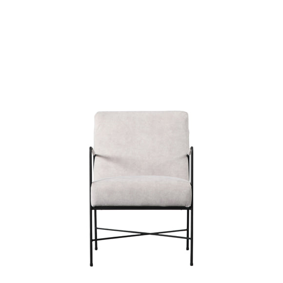 black metal framed armchair with soft grey upholstery