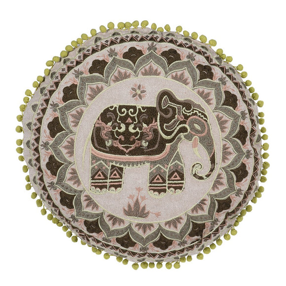 Embroidered Elephant Gaddi Cotton Cushion with Pompoms