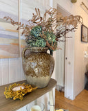 Brown Glaze Double Handled Vase with Dried Floral Arrangement