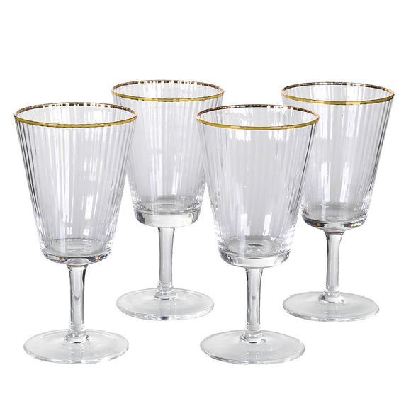 Set of 4 Gold Rim Ribbed Wine Glasses