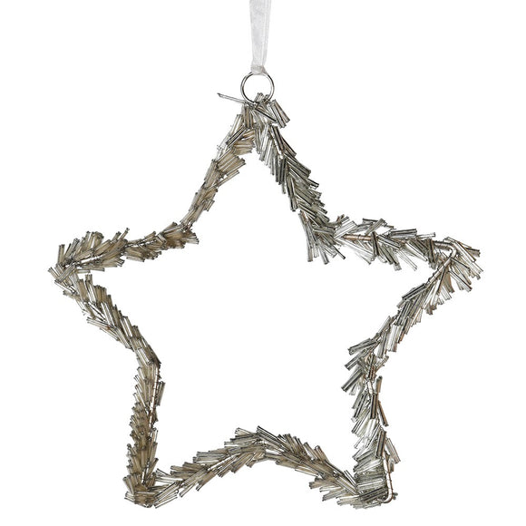 a beaded silver star with ribbon hanging loop