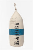 Decorative buoy with blue stripe and black text on a white background