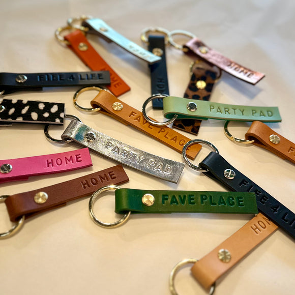 Green Leather and Gold FAVE PLACE Keyring