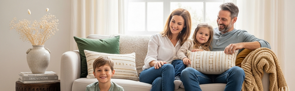 A happy family sitting on a light beige sofa decorated with green velvet and patterned throw pillows, showcasing KHEE homeware in a bright, inviting living room.