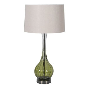 Tall Faded Green Glass Table Lamp with Linen Shade