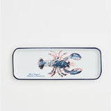 Rectangular enamel tray with a blue crab design on a white background