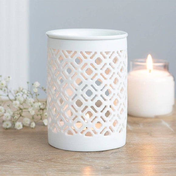 White Matte Lattice Cut Oil Burner and Wax Warmer - KHEE