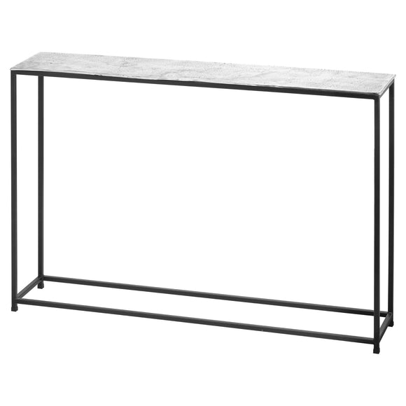 A hand cast aluminium console table with black metal legs.