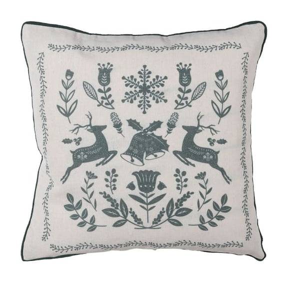A cushion featuring a reindeer pattern.