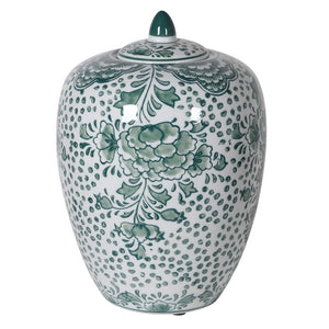 White and Green Floral Lidded Urn