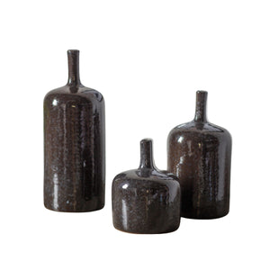 Set of 3 Ceramic Decorative Bottles, Mottled Blue/Grey