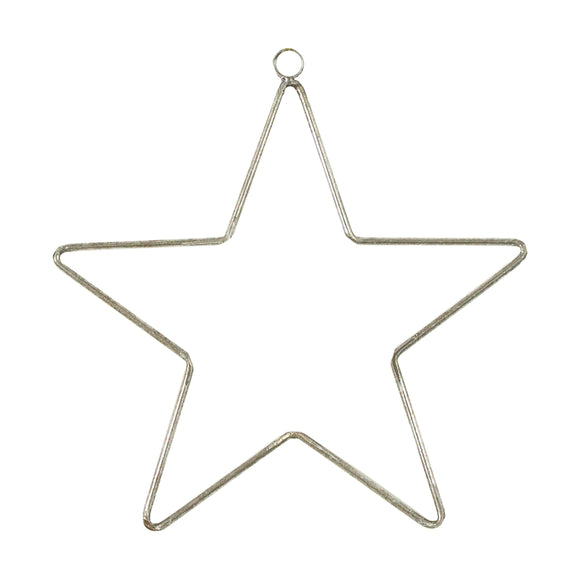 a  silver metal star with loop for hanging